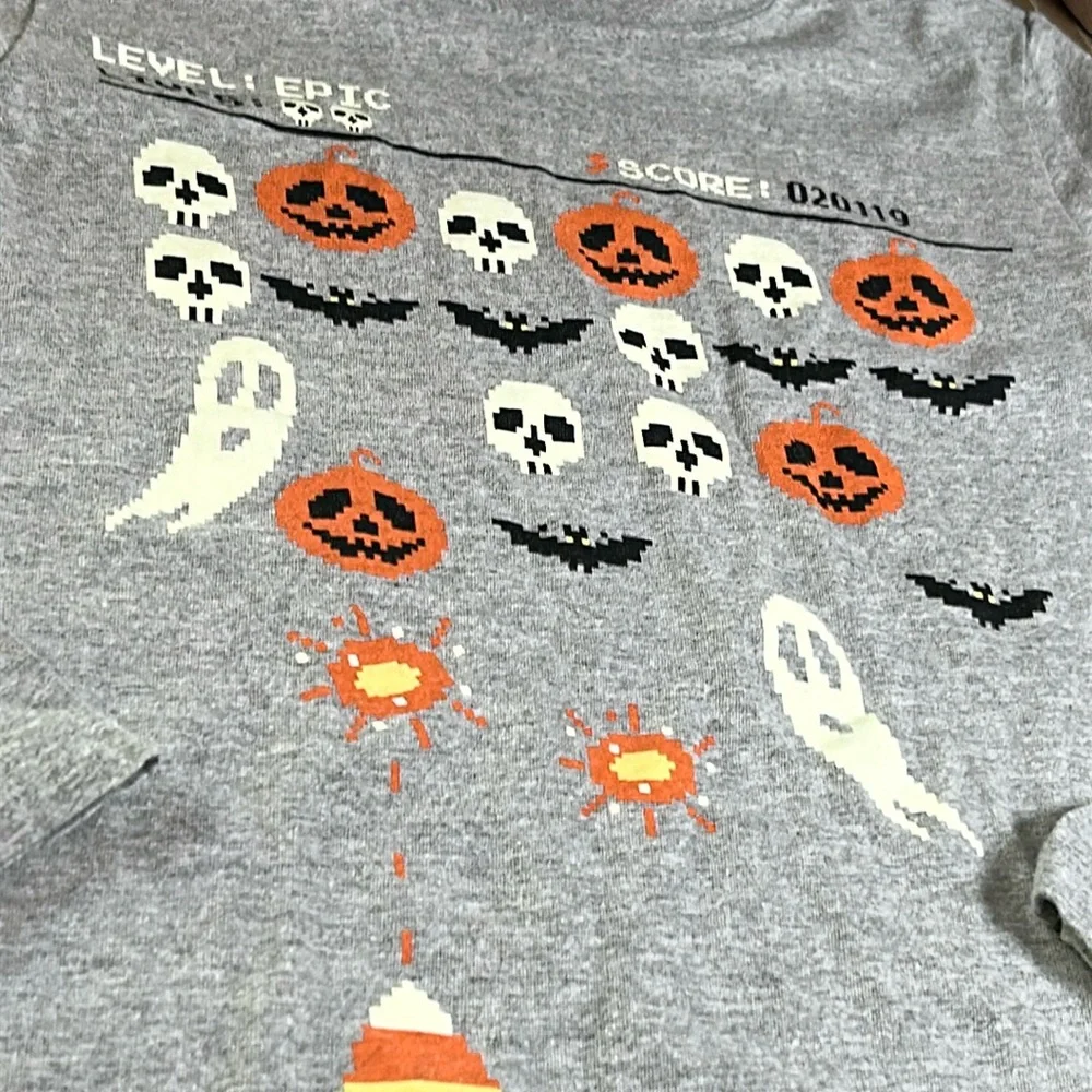 Boys Halloween Space Invaders Boo Ghost Bat Skull Pumpkin Long Sleeve Tee Shirt